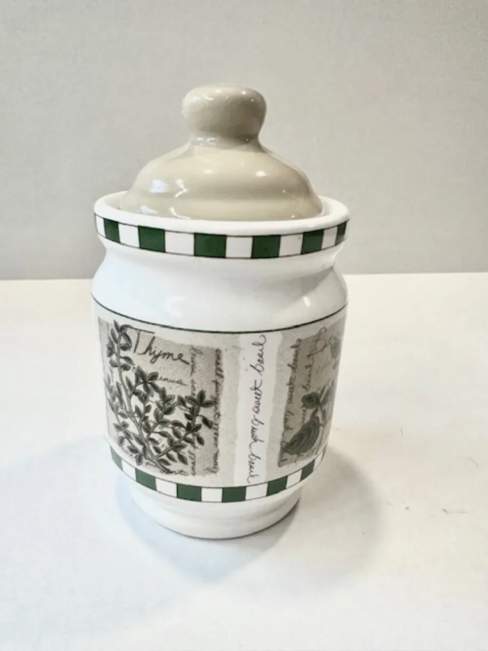 Vintage Savory Tyme Ceramic Canister with Lid Culinary Herb Theme White 6.5in